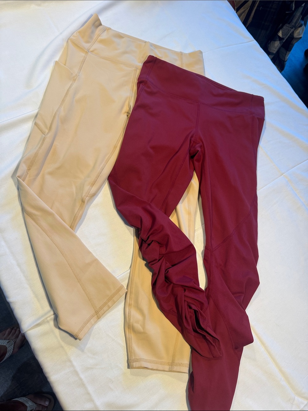 2 pair -Fabletics PureLuxe Leggings in Light Beige Neutral and maroon.